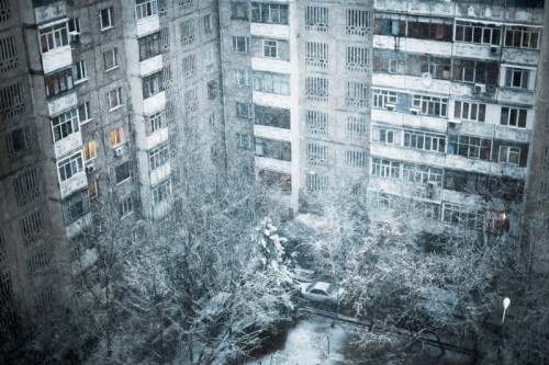 A soviet time building in the beginning of the winter in Bishkek.